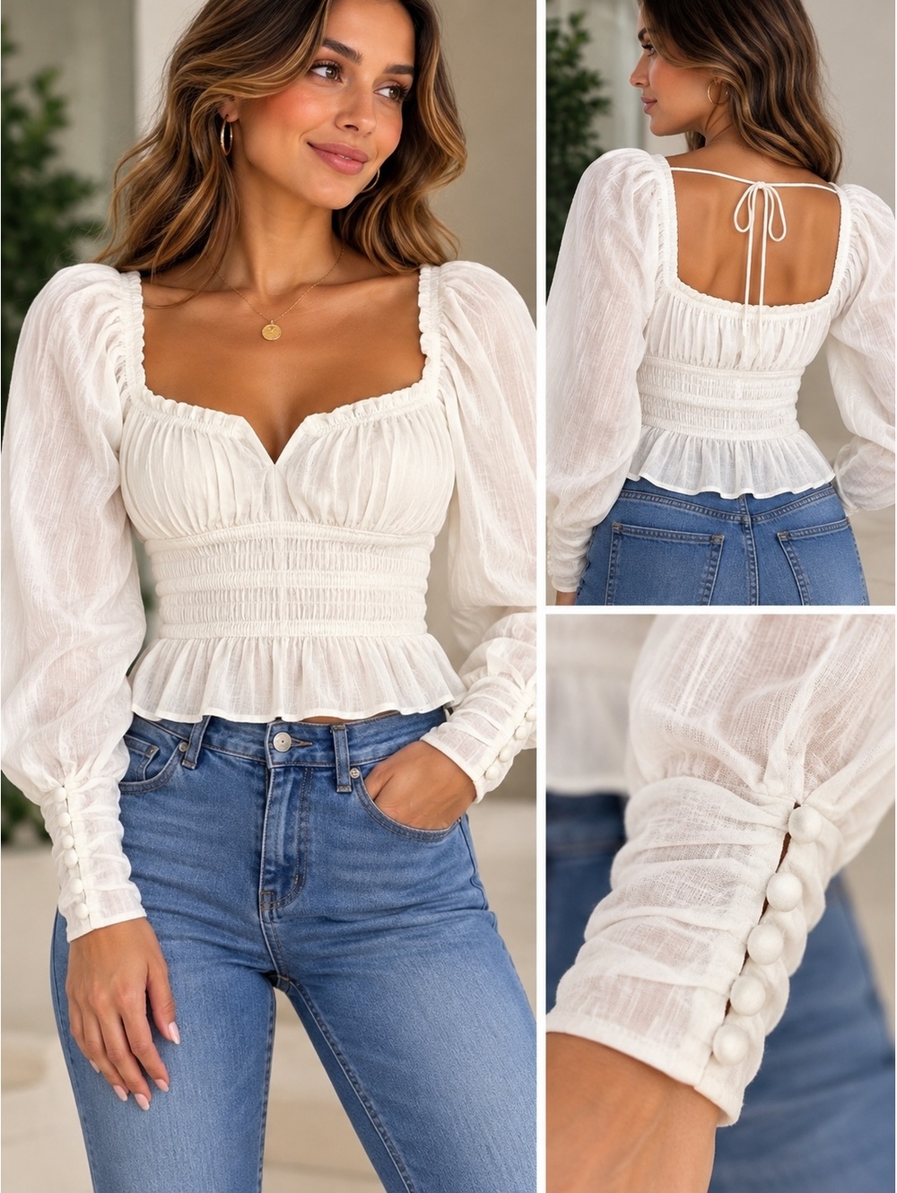 Free People White Cotton Smocked Puff Sleeve Crop Blouse Top Size S NWT